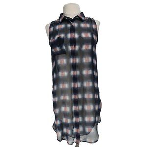 Lush Women Size XS Button Up Shirt Dress See Through Sheer Side Slits Plaid 181P
